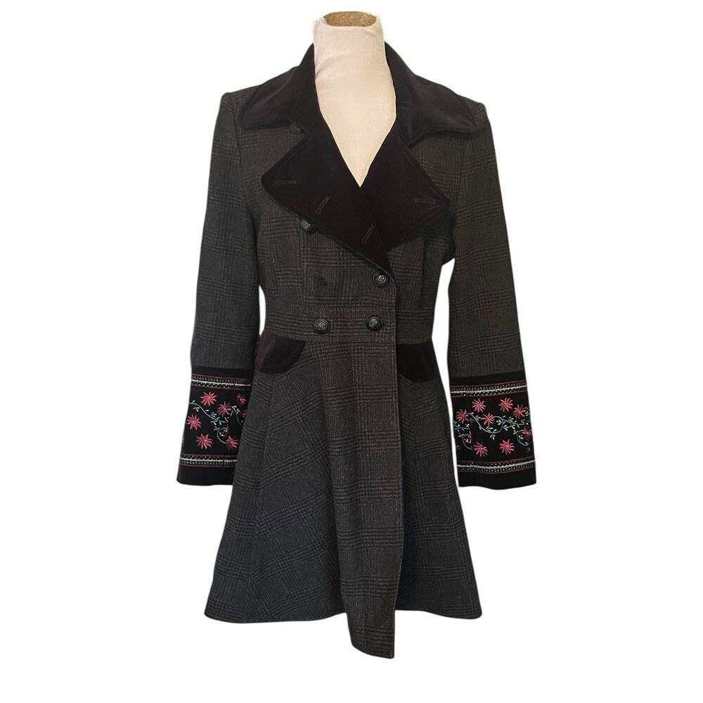 Tasha Polizzi Double Breasted Embroidered Jacket •L• Coat Fit Flare Plaid Band